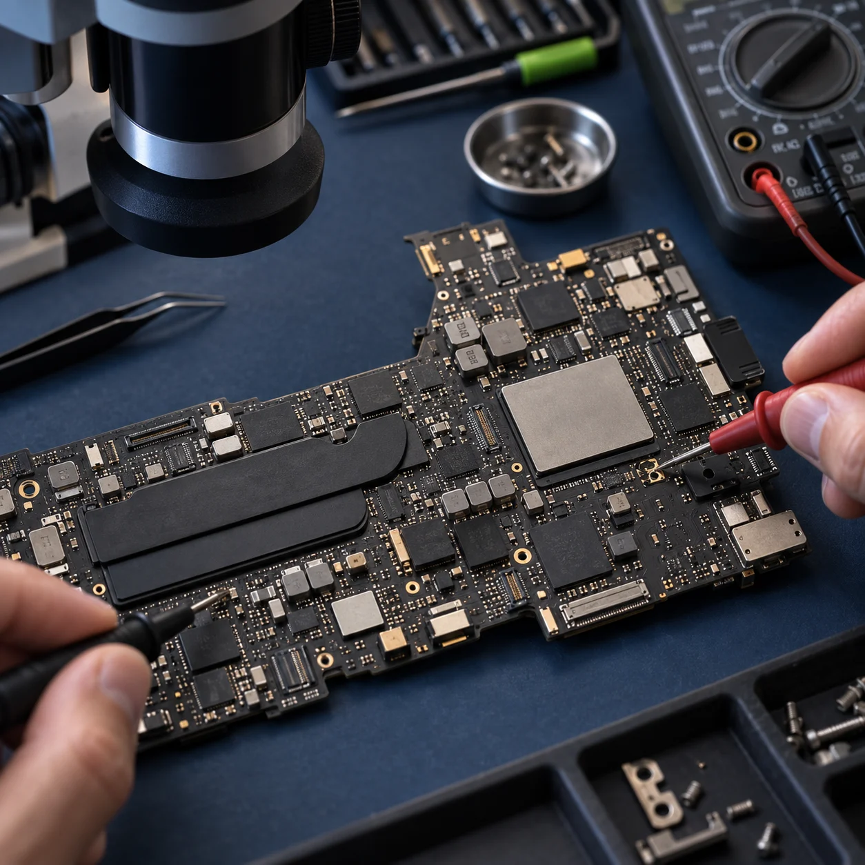 Illustration d’une carte mère de MacBook en cours de diagnostic au multimètre, sous un microscope
